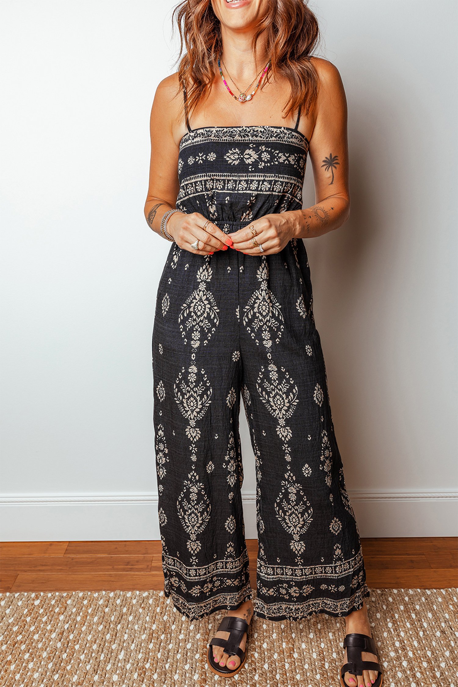 Black Spaghetti Straps Elastic Waist Loose Ethnic Print Jumpsuit - Image 6