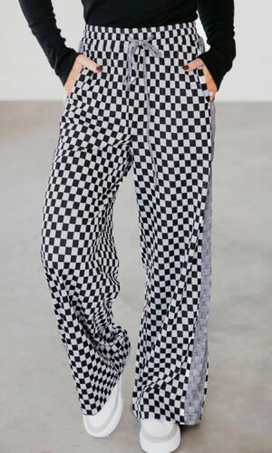 White Checkerboard Drawstring Waist Casual Pants