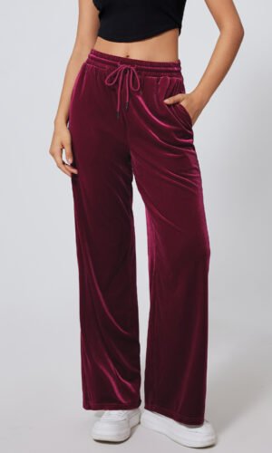 Burgundy Solid Drawstring Waist Wide Leg Pants