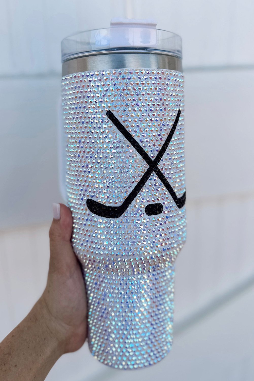 Silvery Hockey Game Day Rhinestone 40 Oz Tumbler with Handle - Image 4