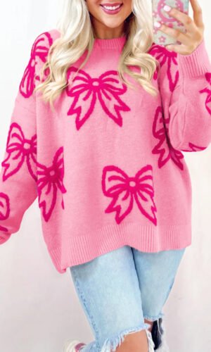 Pink Bow Pattern Drop Shoulder Loose Sweater