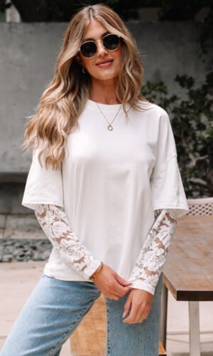White Lace Long Sleeve Insert Drop Shoulder Tee