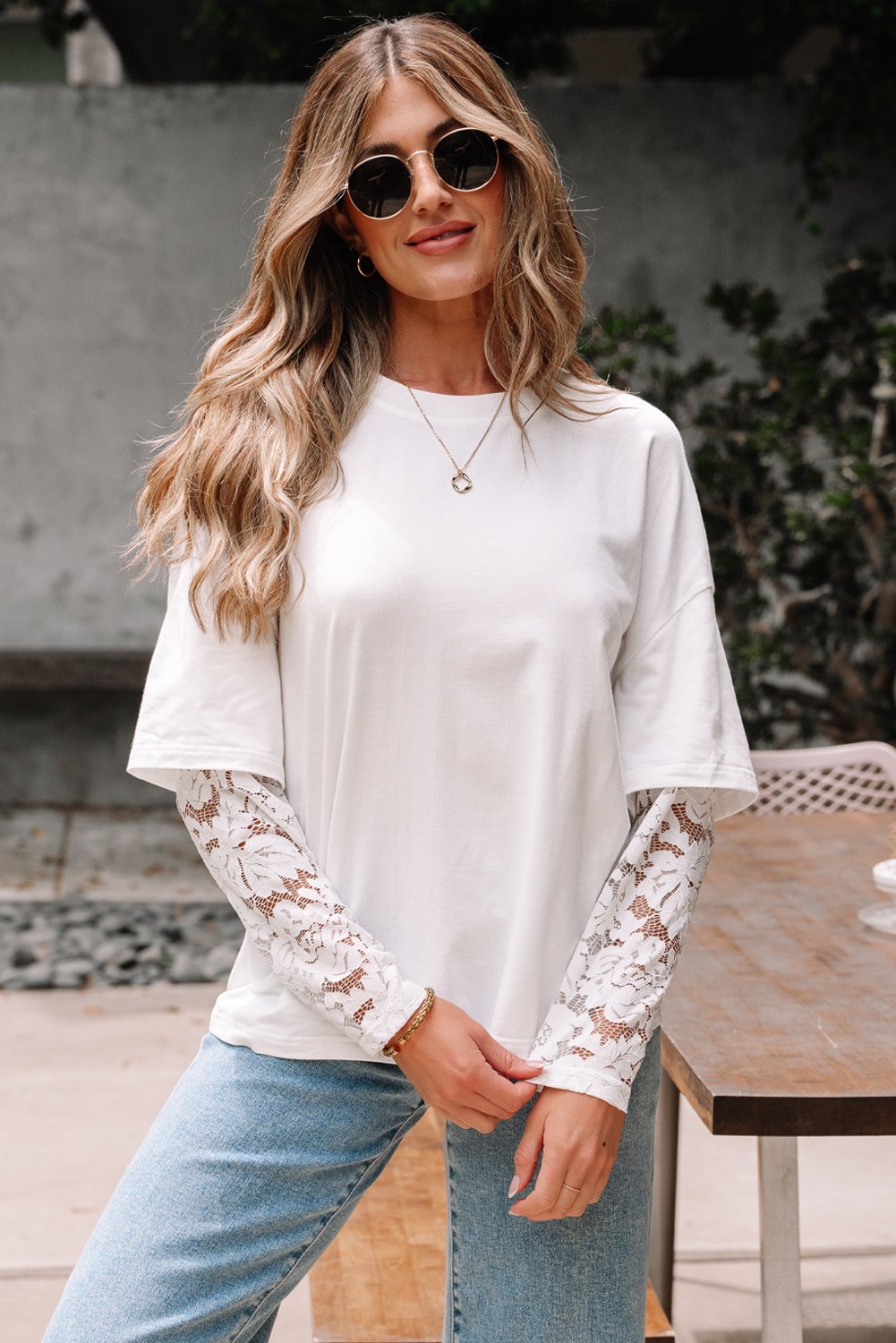 White Lace Long Sleeve Insert Drop Shoulder Tee