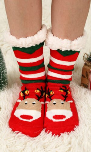 Fiery Red Christmas Cartoon Pattern Woolen Knit Socks