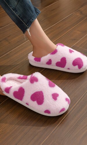 Fiery Red Valentines Heart Shape Winter Fuzzy Slippers