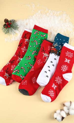 Dearlove Fiery Red 5 Pairs/Set Christmas Cartoon Elk Soft Socks Set with Box