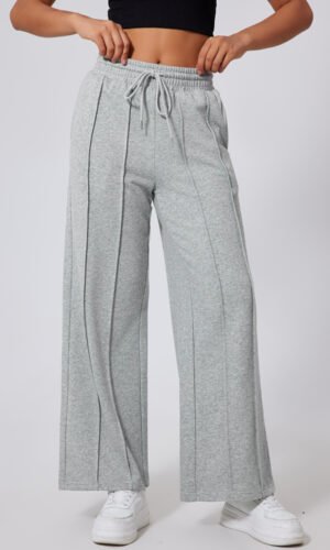 Gray Seamed Drawstring High Waist Wide Leg Sweatpants