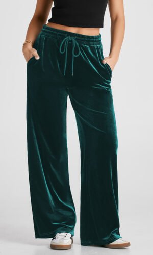 Evergreen Solid Drawstring Waist Wide Leg Pants