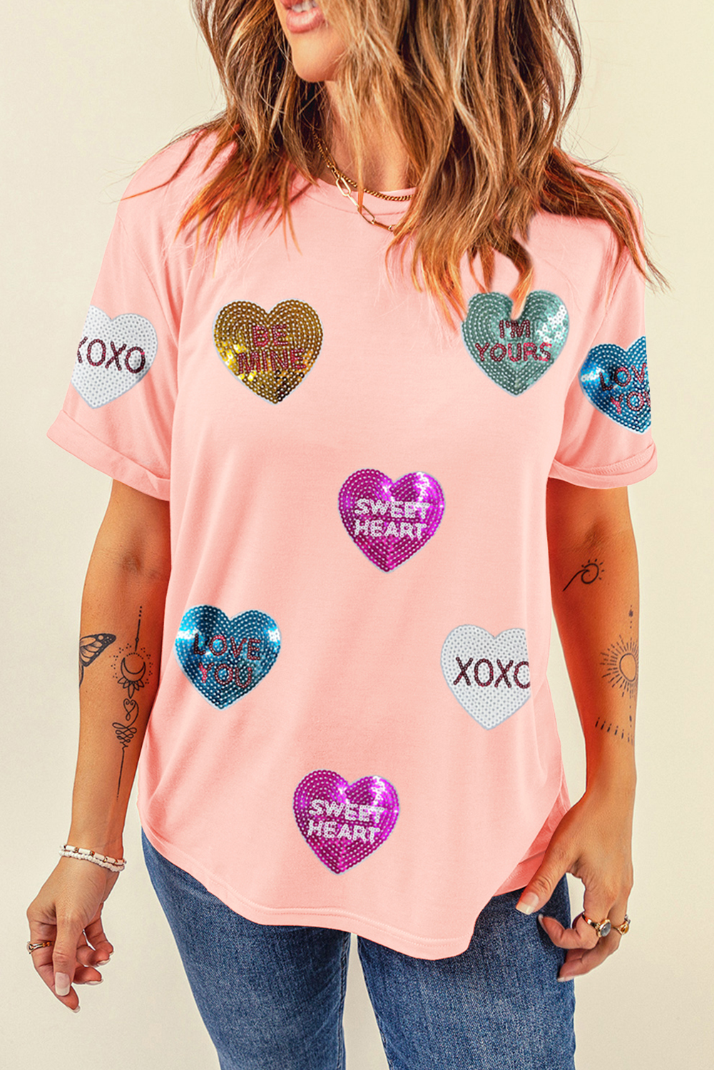 Pink Sequin Valentines Lettering Heart Patched Crewneck T Shirt - Image 5