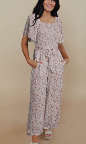 White Smocked Short Sleeve Wide Leg Floral Print Jumpsuit