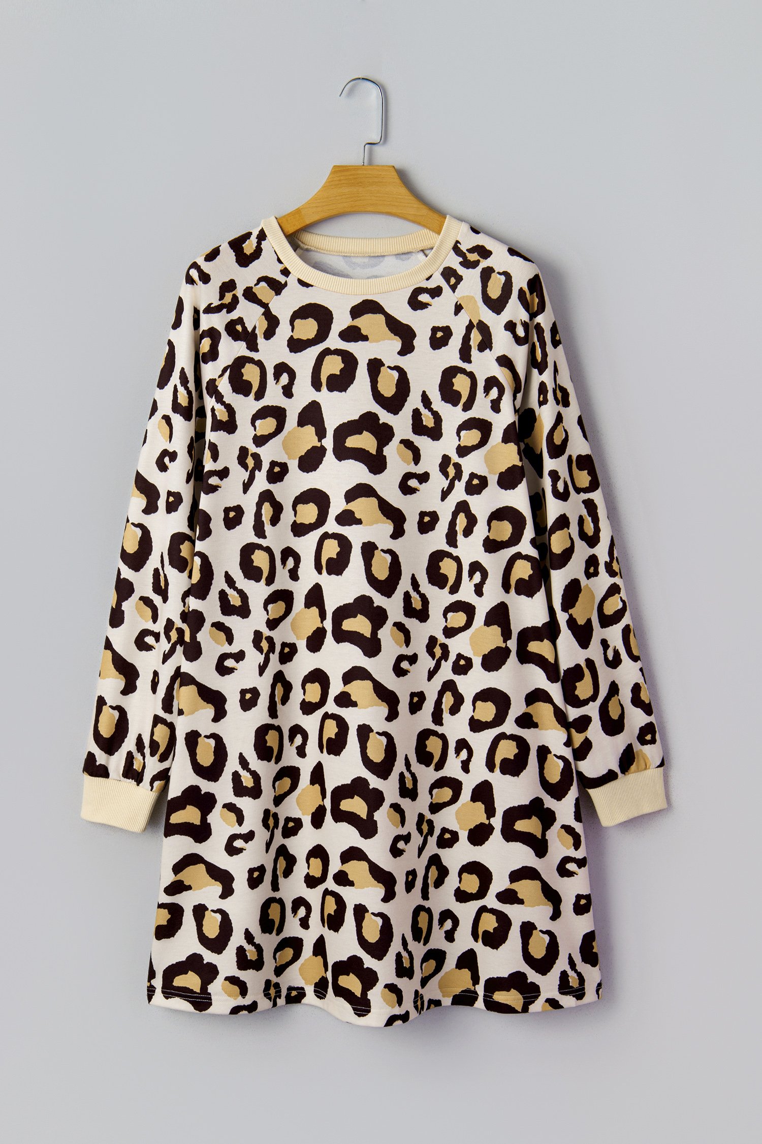 Khaki Leopard Long Sleeve Shift T Shirt Dress with Pockets - Image 4