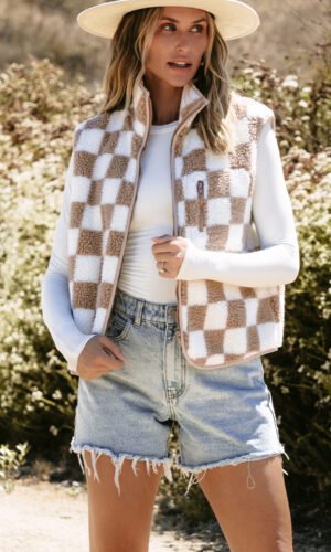 Khaki Checkered Sherpa Collared Jacket Vest