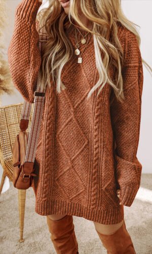Coffee Cable Knit Drop Shoulder Loose Fit Sweater Dress