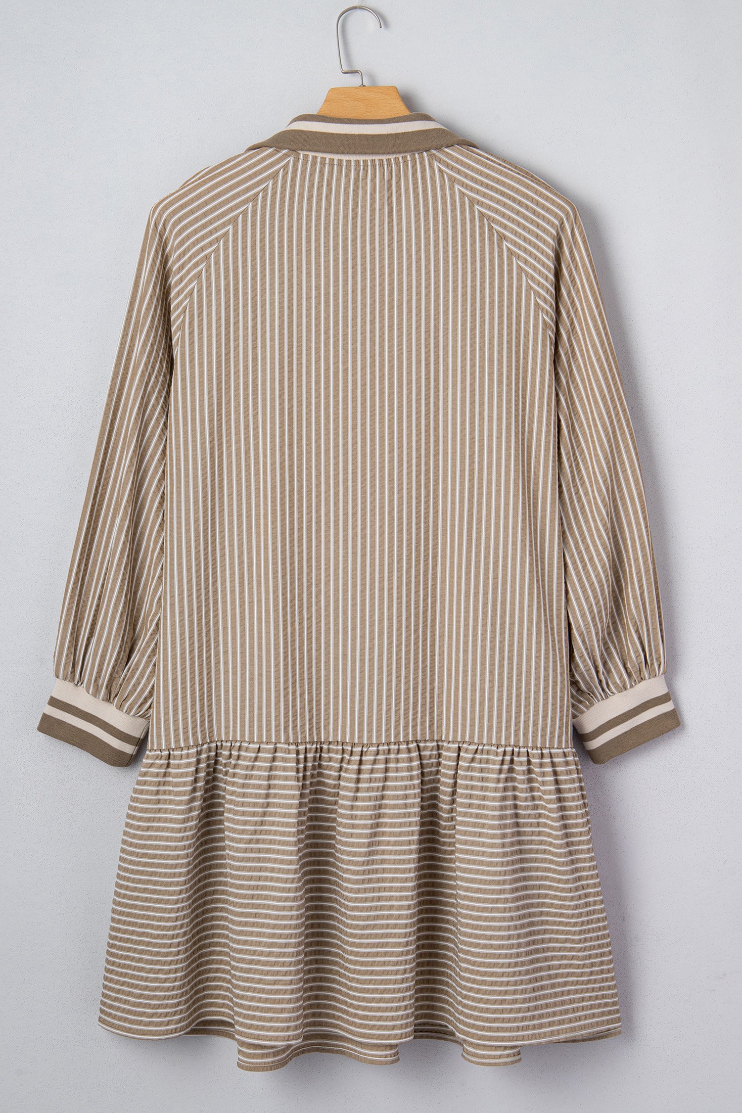 Khaki Stripe Zip up Collared Puff Sleeve Ruffled Plus Size Mini Dress - Image 4