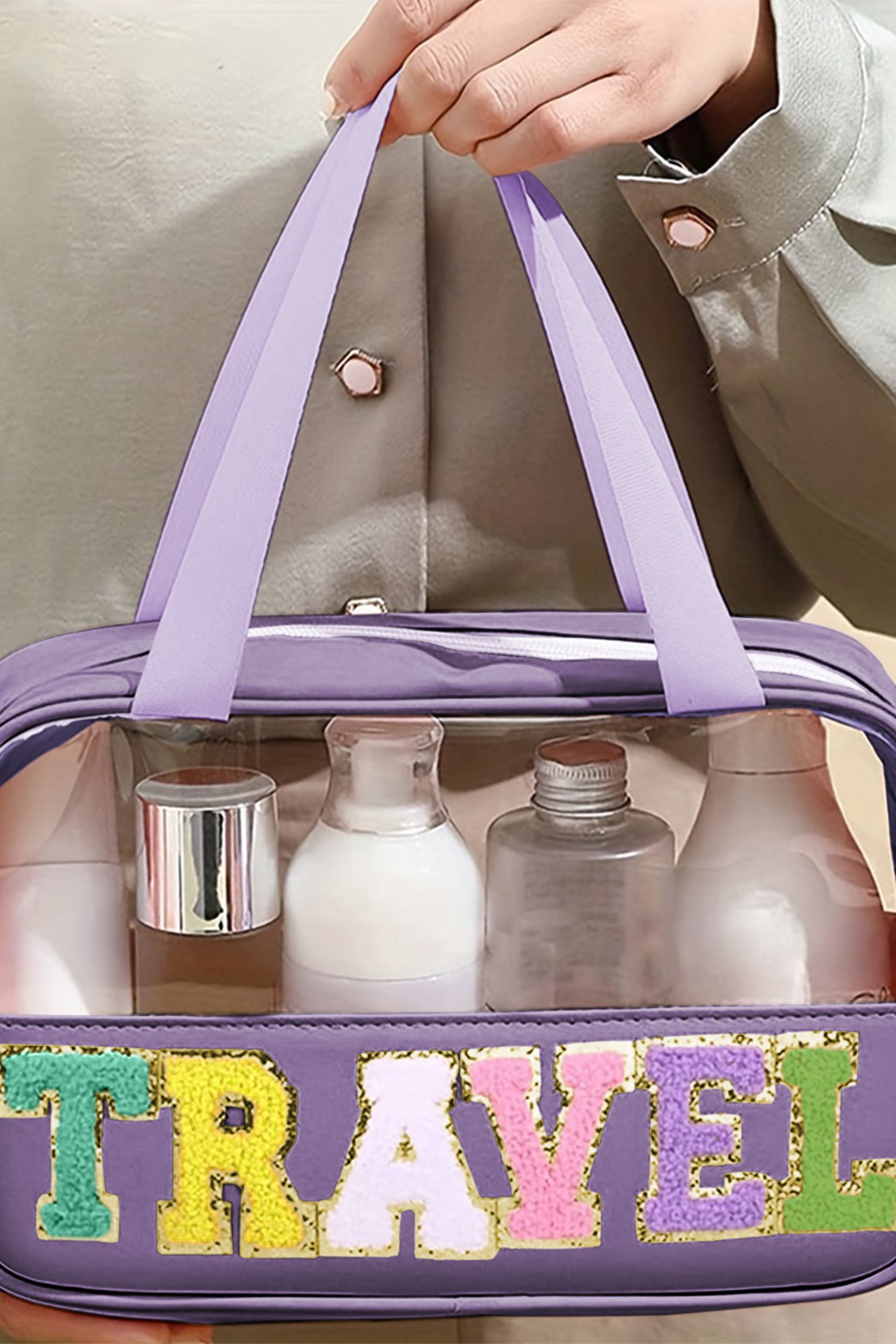 Purple TRAVEL Chenille Letter Clear PVC Makeup Bag - Image 2