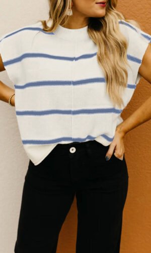 Blue Striped Batwing Sleeve Sweater Tee
