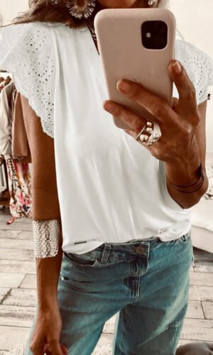 White Eyelet Embroidered Flutter Sleeve Patchwork V Neck Tee