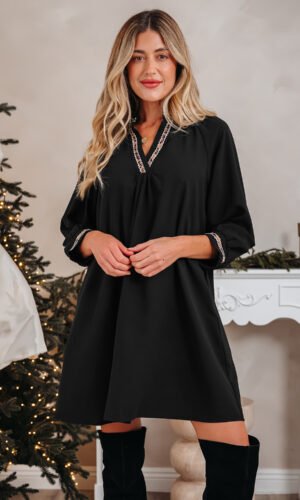 Black Contrast Trim V Neck Bracelet Sleeve Shift Mini Dress