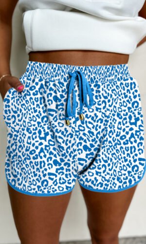 Blue Leopard Elastic Waistband Lace up Contrast Trim Casual Shorts