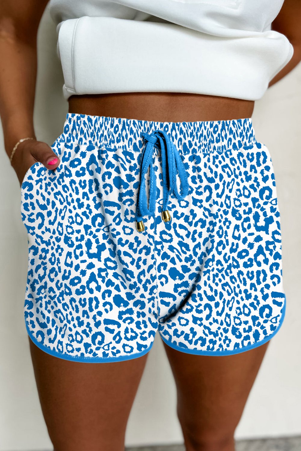 Blue Leopard Elastic Waistband Lace up Contrast Trim Casual Shorts