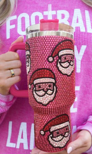 Rose Red Christmas Santa Claus Diamond Thermos Cup with Straw 40oz