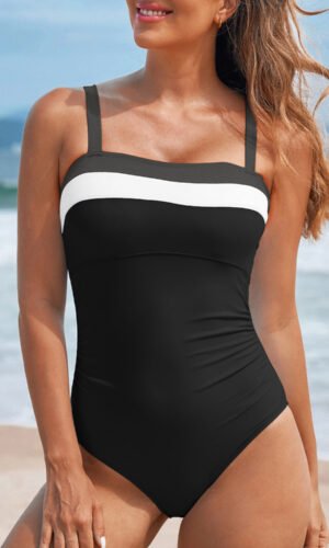 Black Color Block Detail Adjustable Straps One Piece Swimsuit