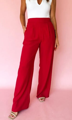 Fiery Red Pleated Detail Pull On High Elastic Waist Loose Straight Pants