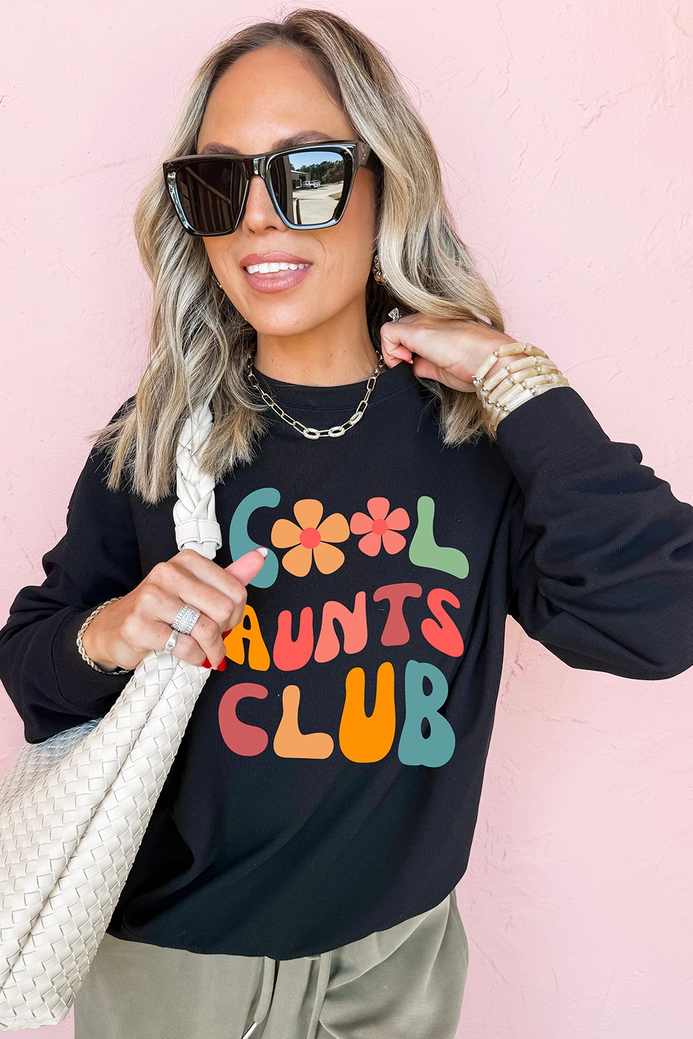 Black Floral COOL AUNTS CLUB Graphic Pullover Sweatshirt - Image 3