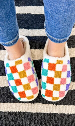 White Vibrant Checkered Plush Thermal Slippers