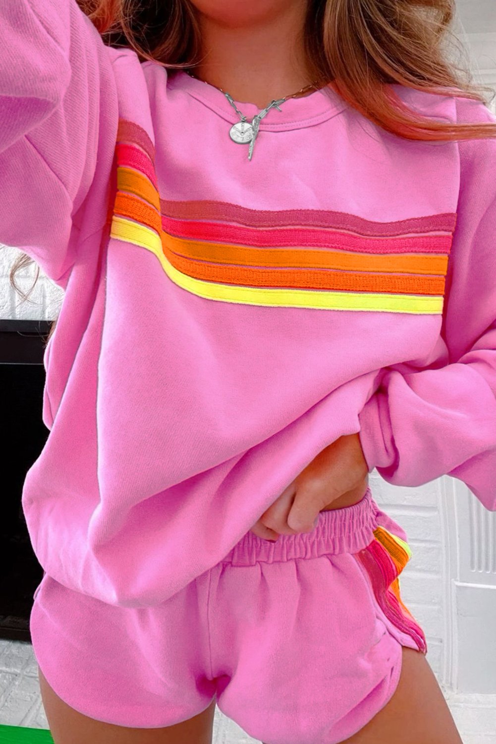 Bonbon Striped Accent Pullover and Shorts Two Piece Casual Set - Image 8