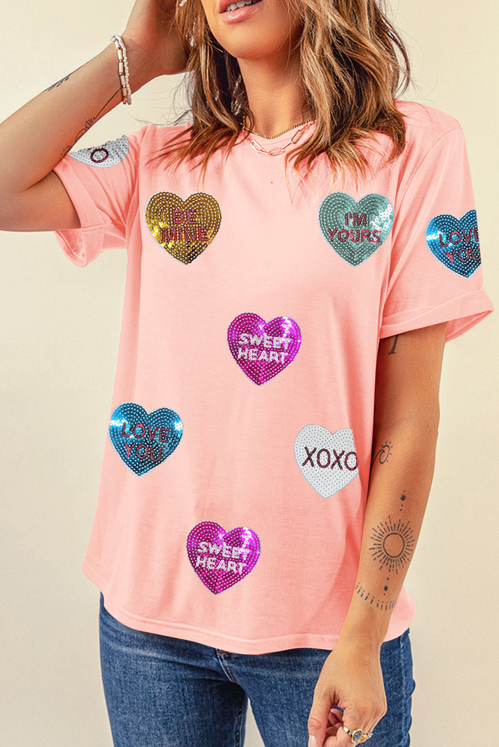 Pink Sequin Valentines Lettering Heart Patched Crewneck T Shirt - Image 3