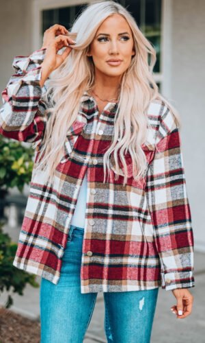 Fiery Red Geometric Plaid Print Pocketed Shacket