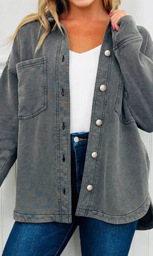 Medium Grey Mineral Wash Chest Pockets Drop Shoulder Shacket with Side Slit