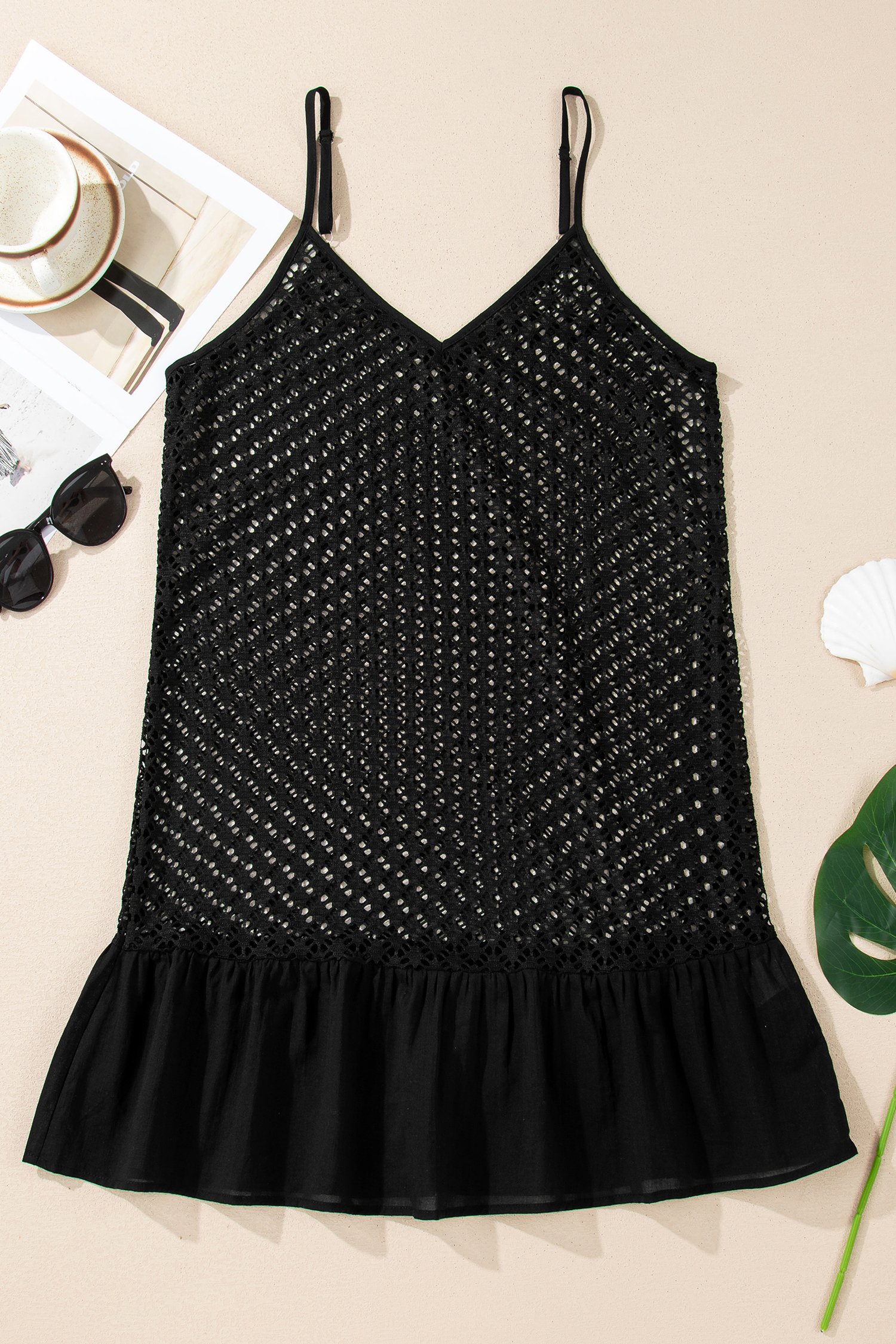 Black See Through Patterned Knit Ruffle Hem Patchwork Beach Cover Up - Image 3