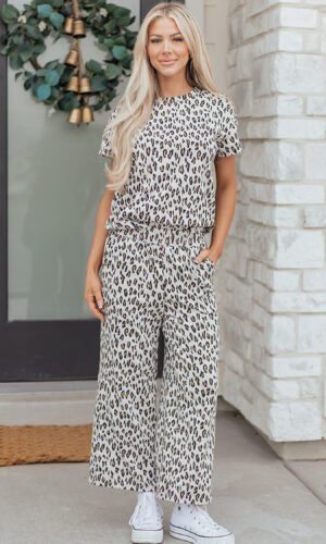 Beige Leopard Print Casual Tee and Pants 2pcs Outfit