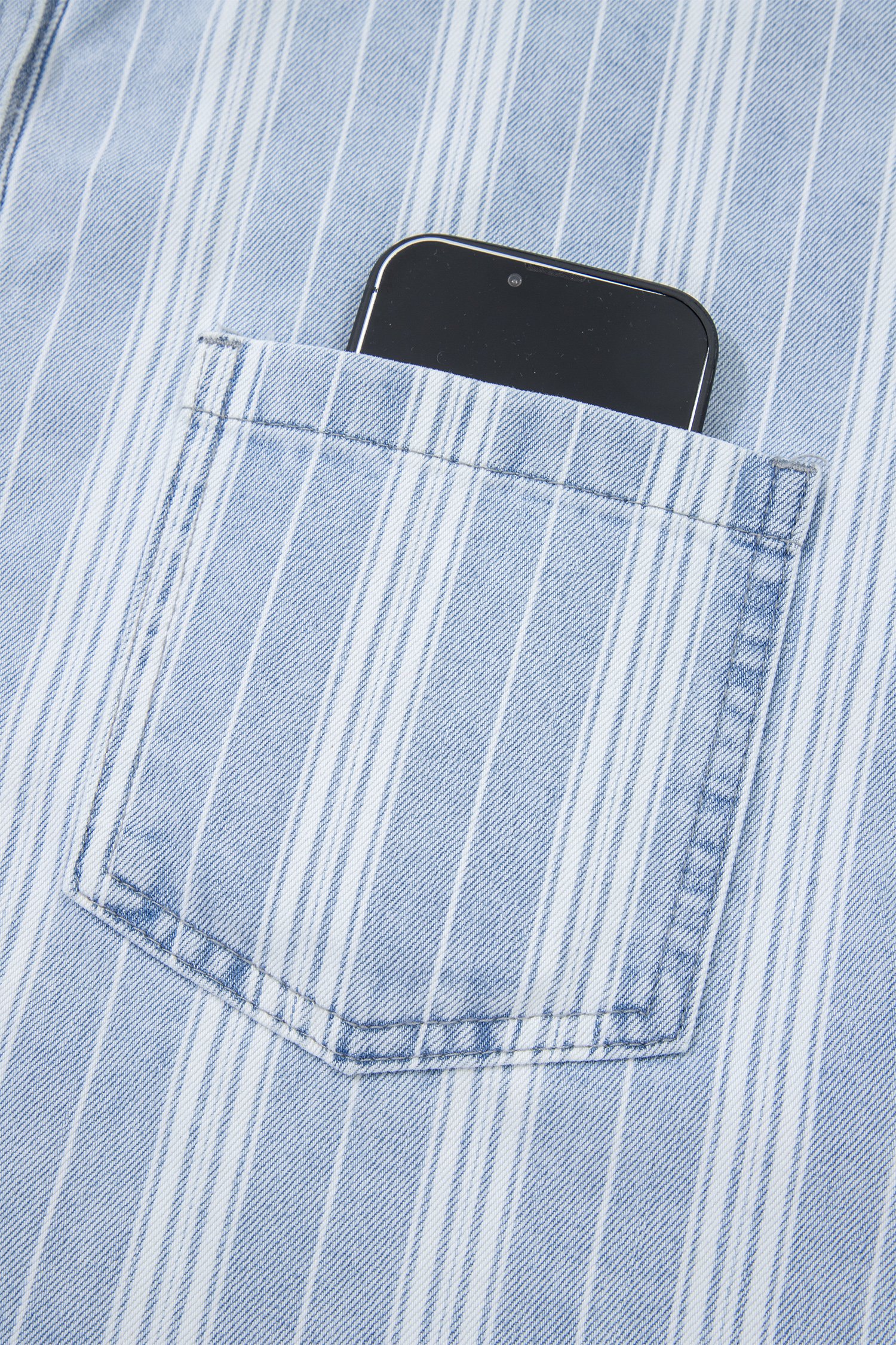 Sky Blue Stripe Boyfriend Chest Pocket Classic Denim Shacket - Image 20