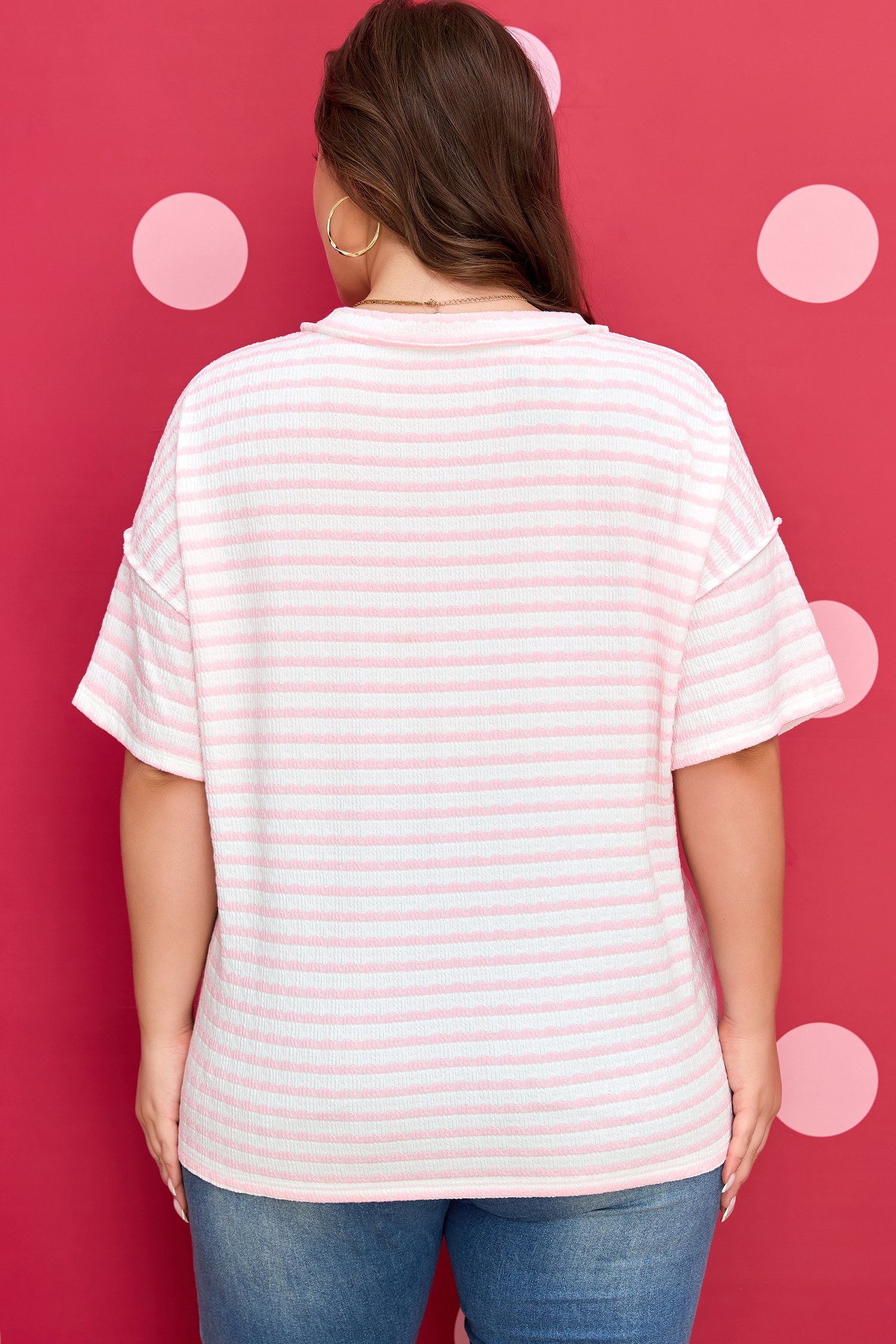 Pink Stripe Plus Size V Neck Exposed Seam Patchwork T Shirt - Image 10