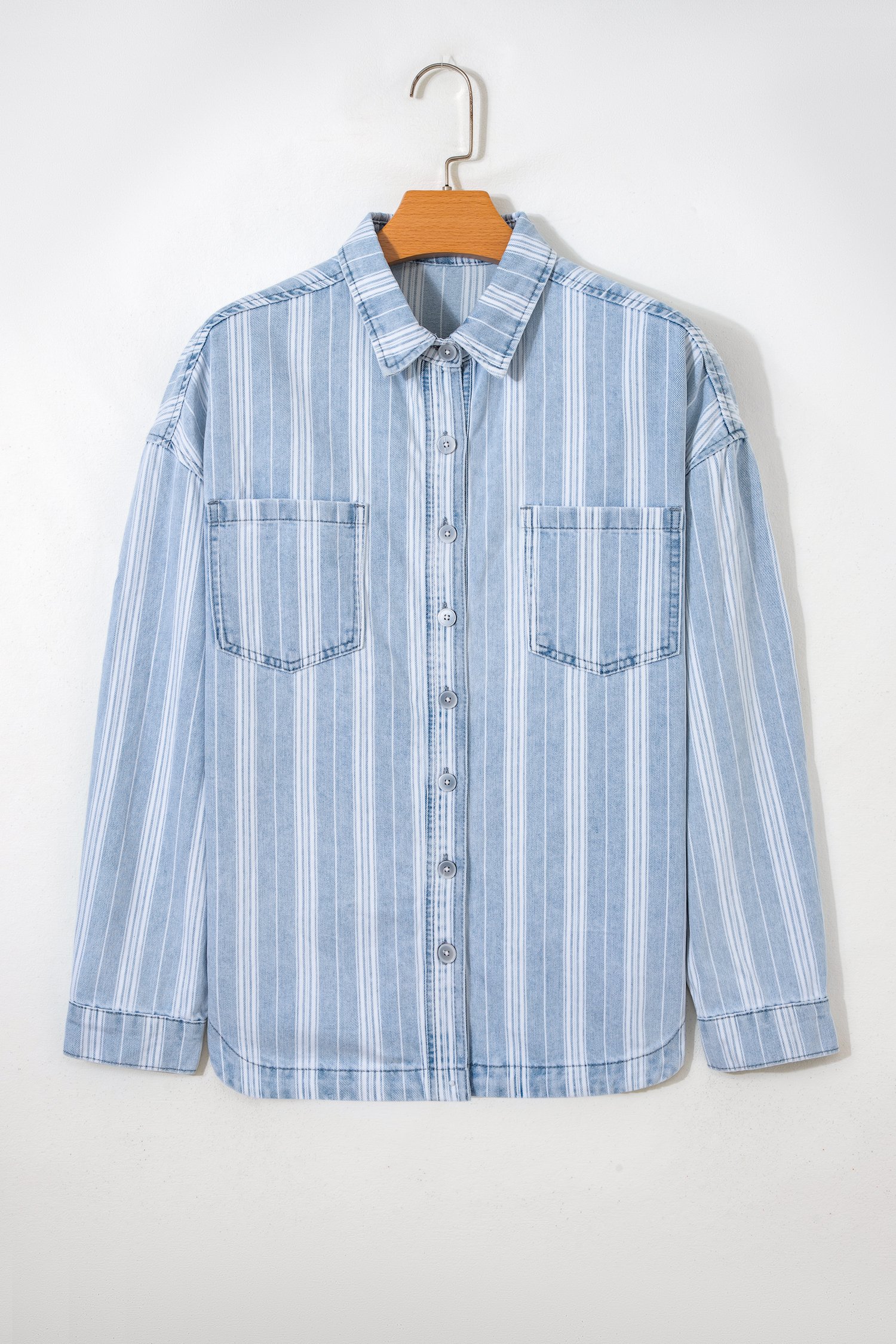Sky Blue Stripe Boyfriend Chest Pocket Classic Denim Shacket - Image 11