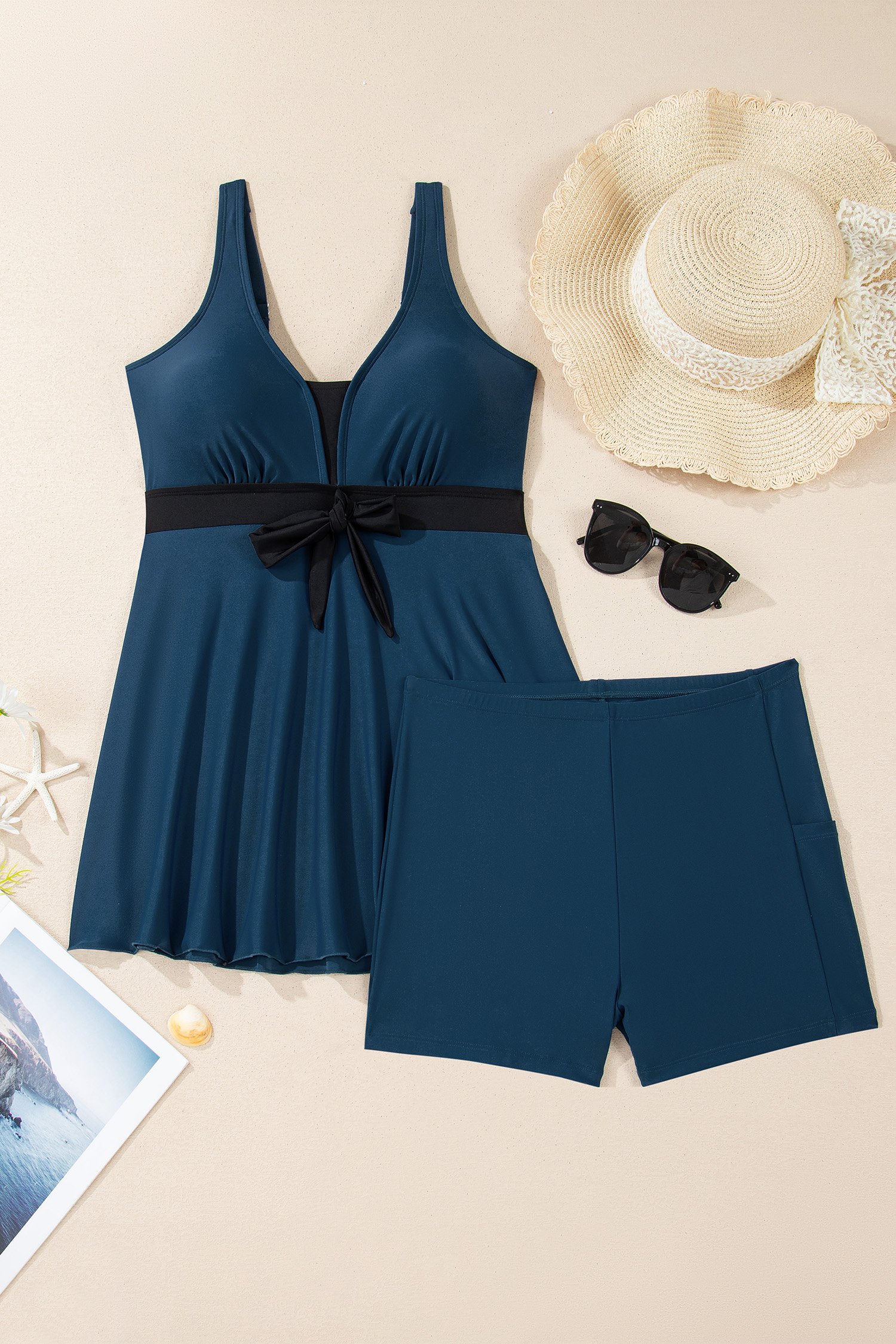 Sail Blue Color Block Patchwork Bow Knot Detail Sleeveless Swim Dress - Image 8