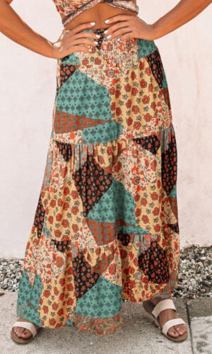 Multicolor Boho Print Tie-Up Waist Long Maxi Skirt