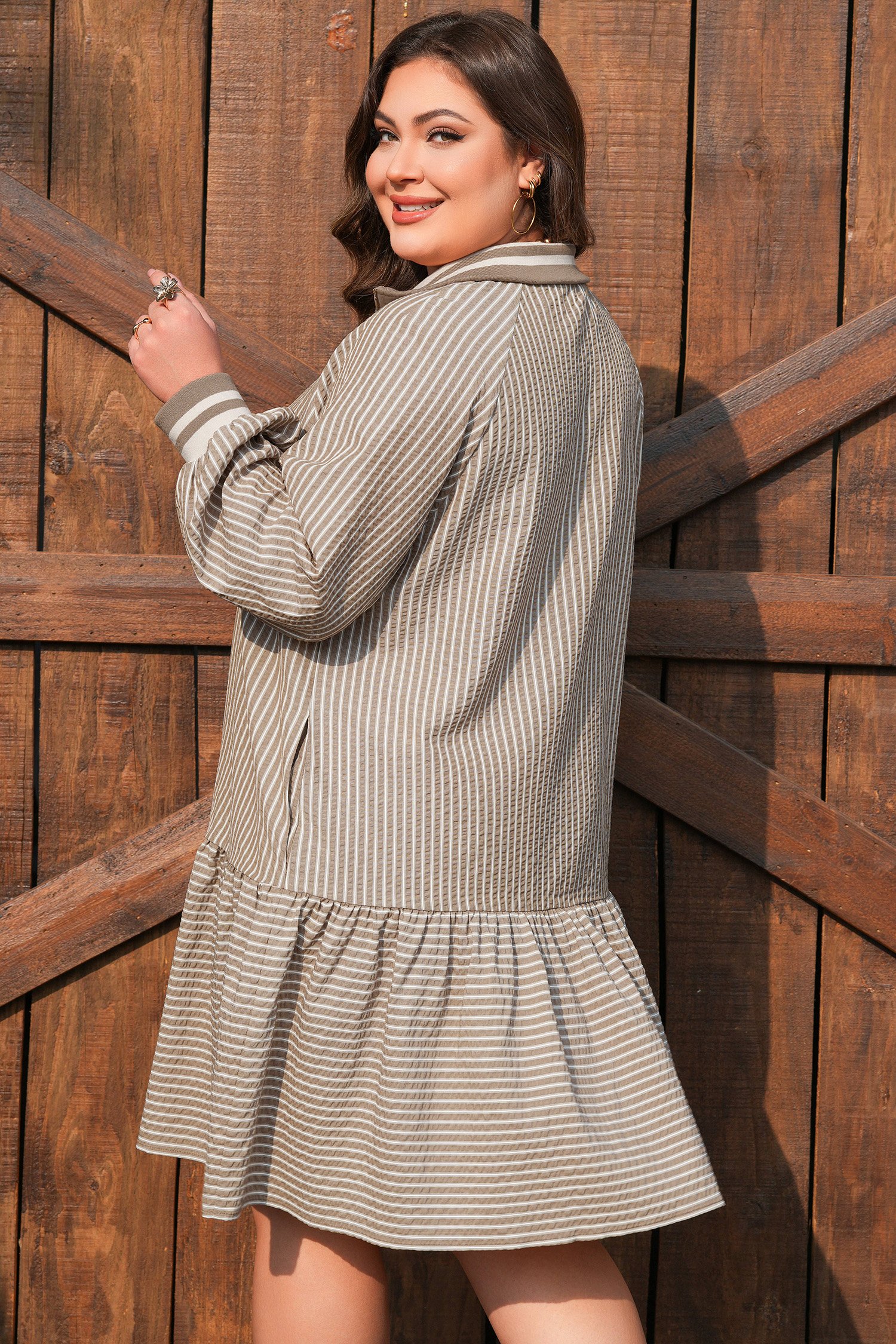 Khaki Stripe Zip up Collared Puff Sleeve Ruffled Plus Size Mini Dress - Image 10