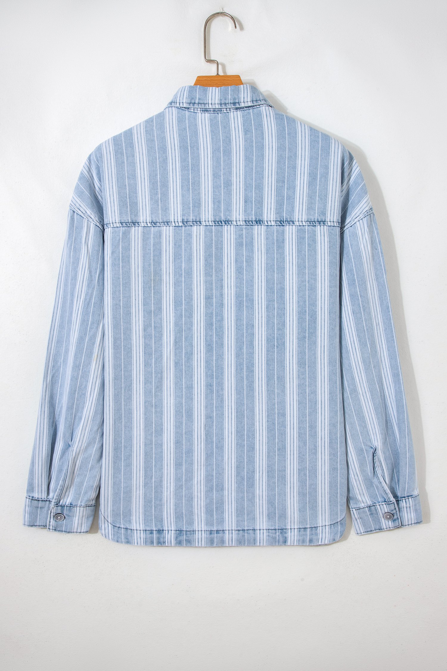 Sky Blue Stripe Boyfriend Chest Pocket Classic Denim Shacket - Image 12