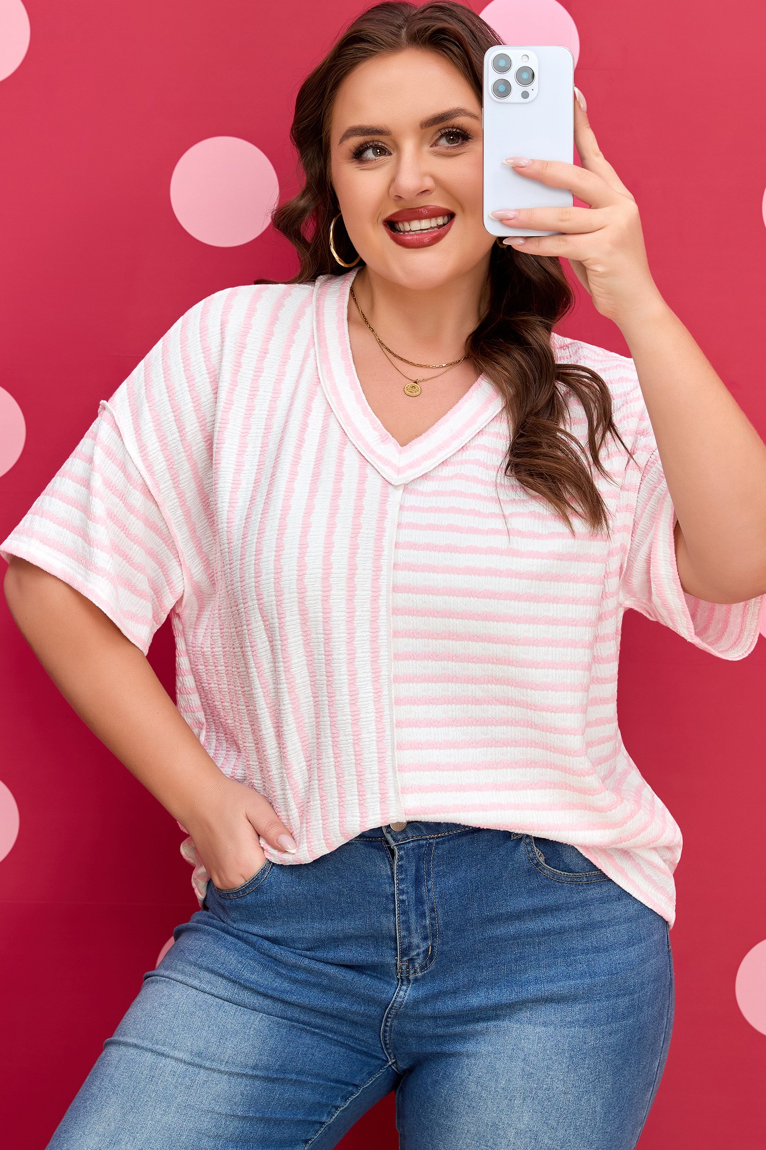 Pink Stripe Plus Size V Neck Exposed Seam Patchwork T Shirt - Image 9