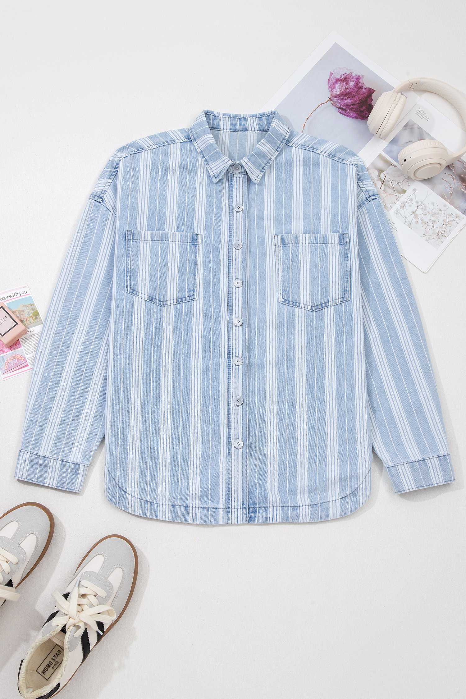 Sky Blue Stripe Boyfriend Chest Pocket Classic Denim Shacket - Image 9