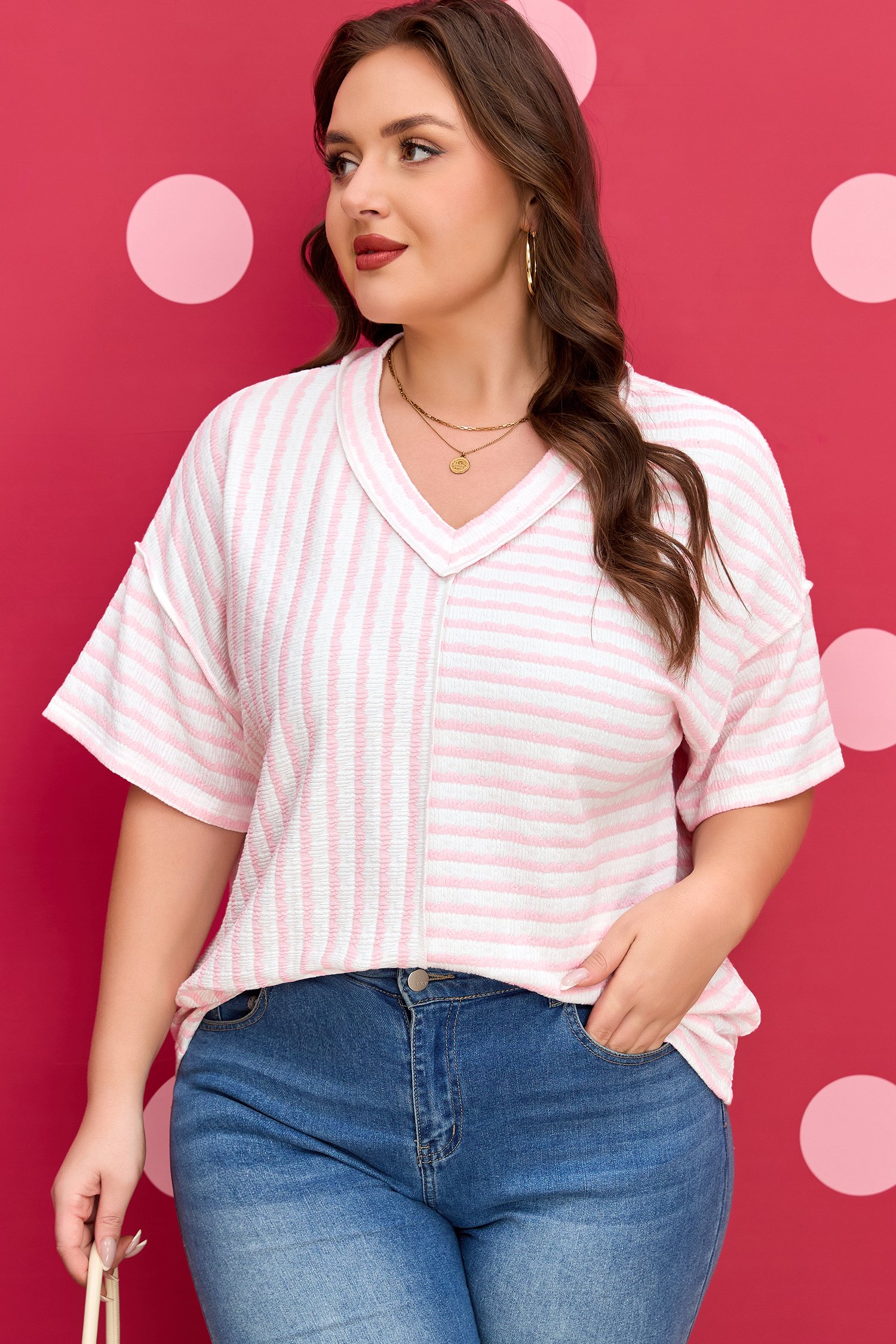 Pink Stripe Plus Size V Neck Exposed Seam Patchwork T Shirt - Image 11