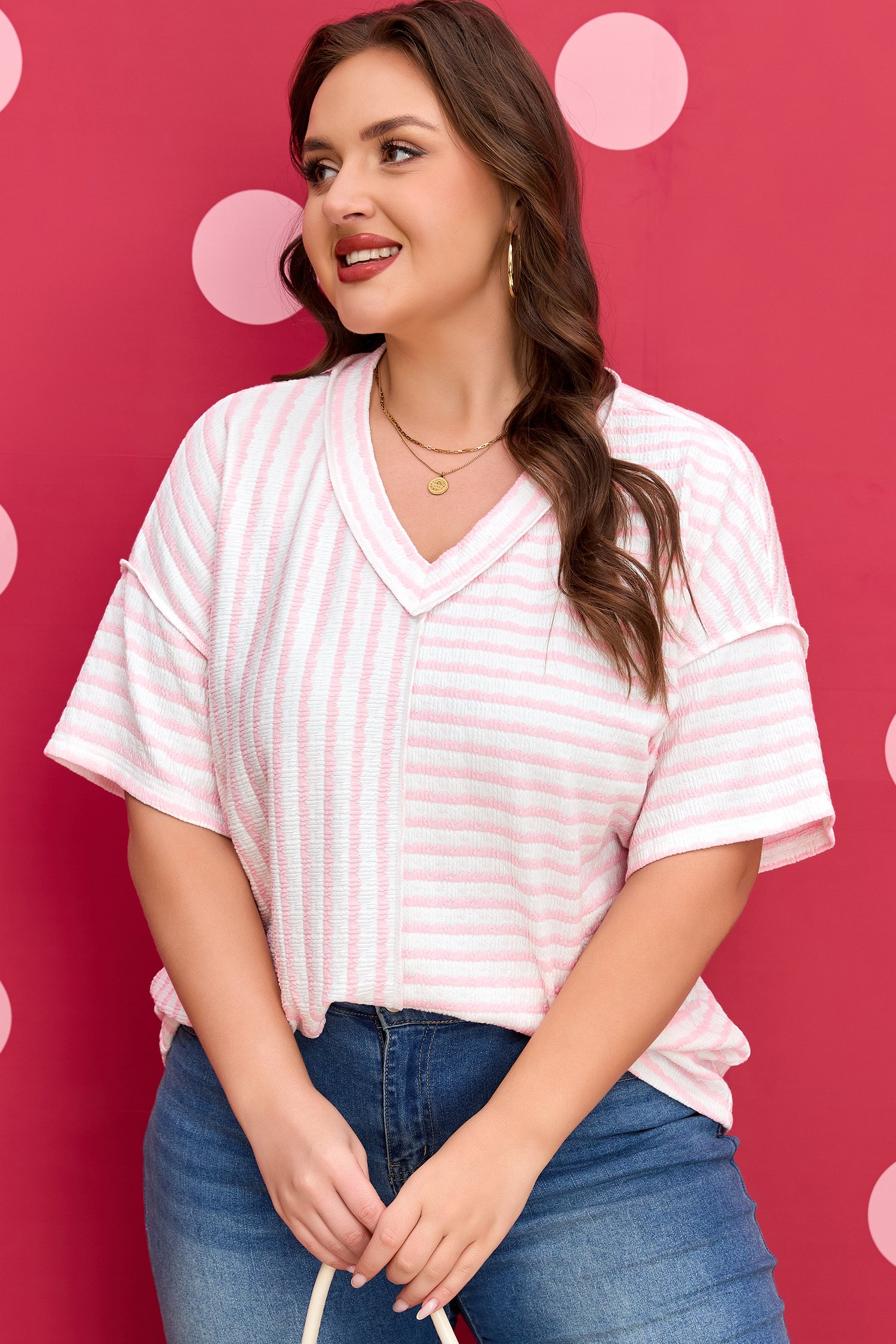 Pink Stripe Plus Size V Neck Exposed Seam Patchwork T Shirt - Image 13