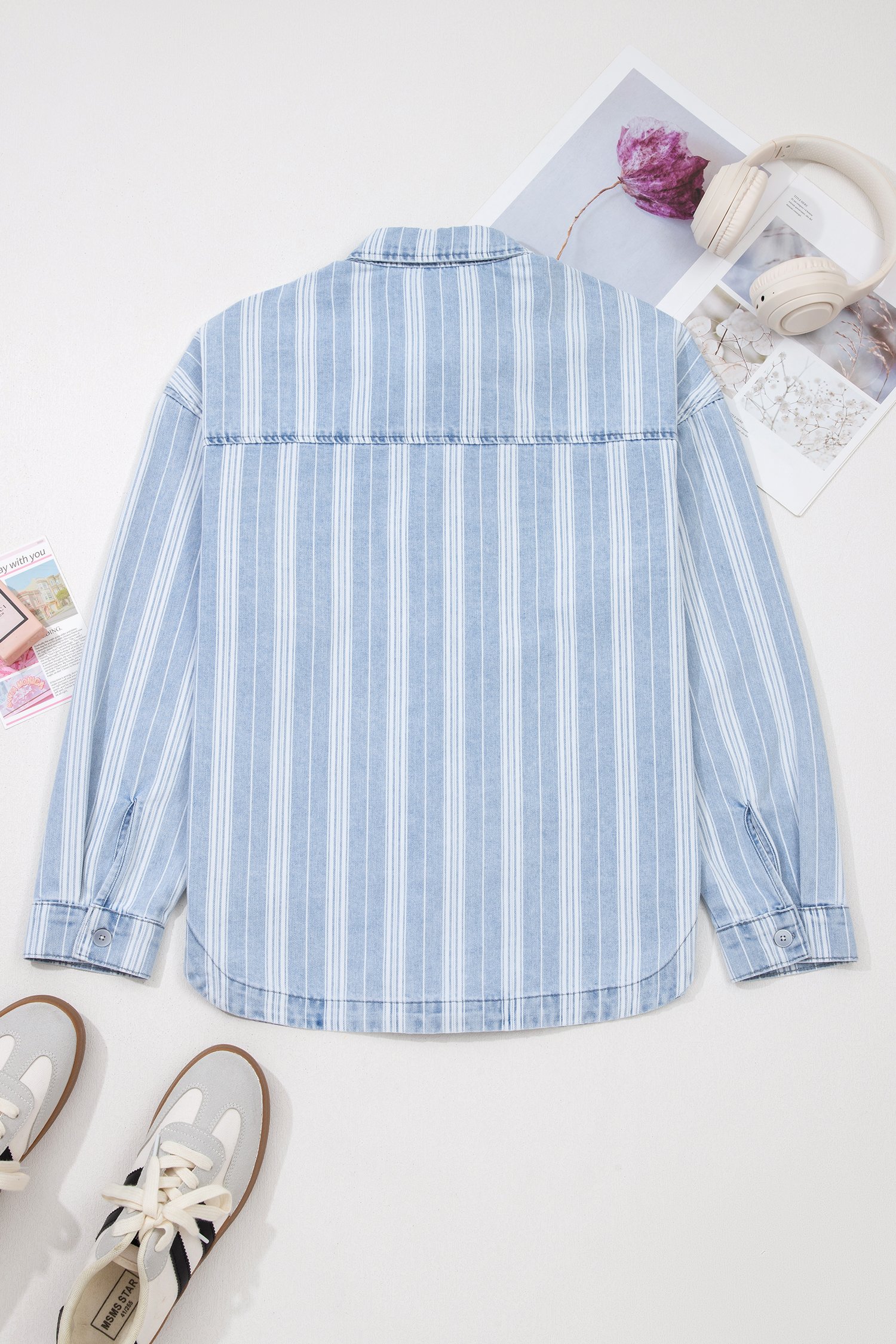 Sky Blue Stripe Boyfriend Chest Pocket Classic Denim Shacket - Image 10