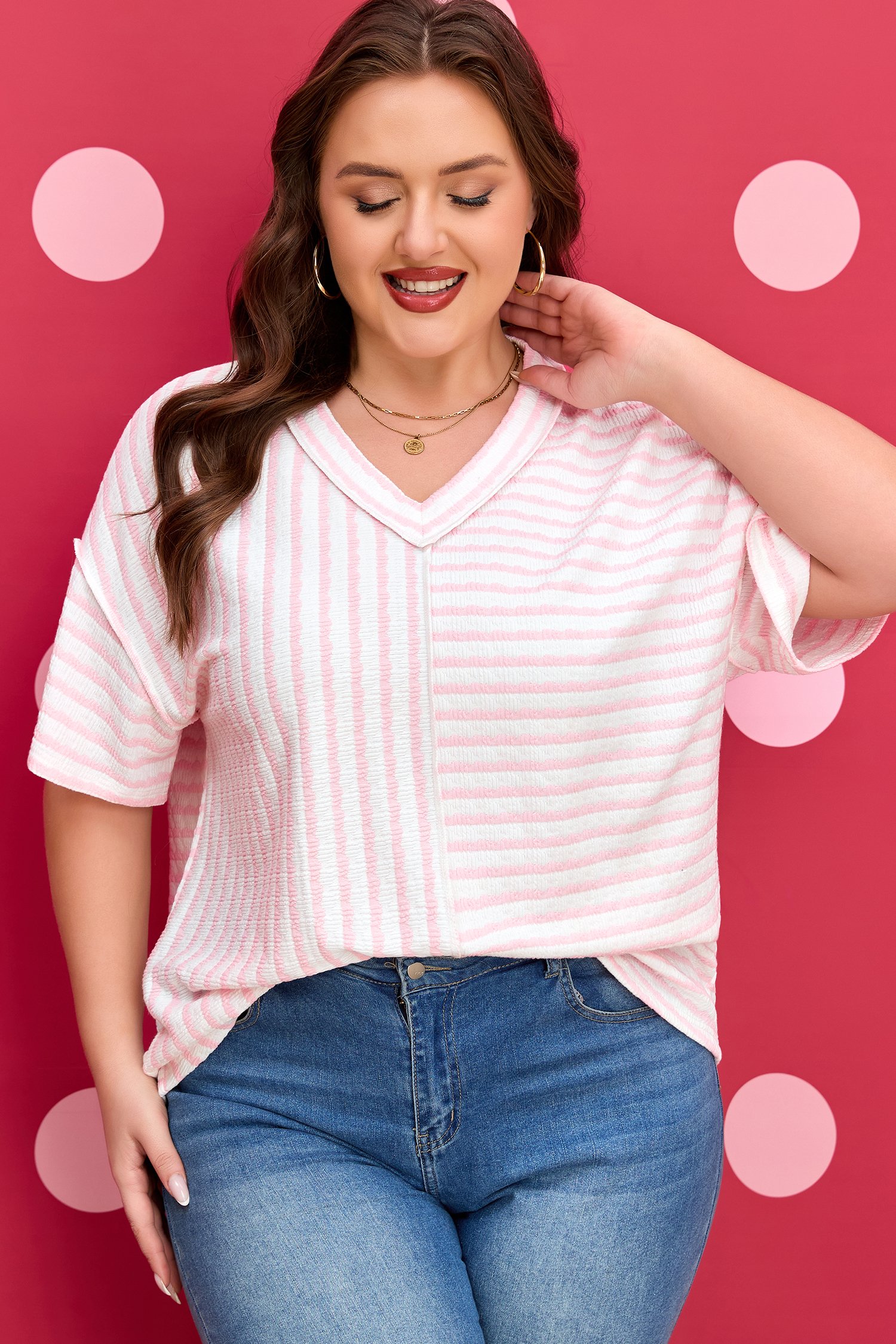 Pink Stripe Plus Size V Neck Exposed Seam Patchwork T Shirt - Image 14