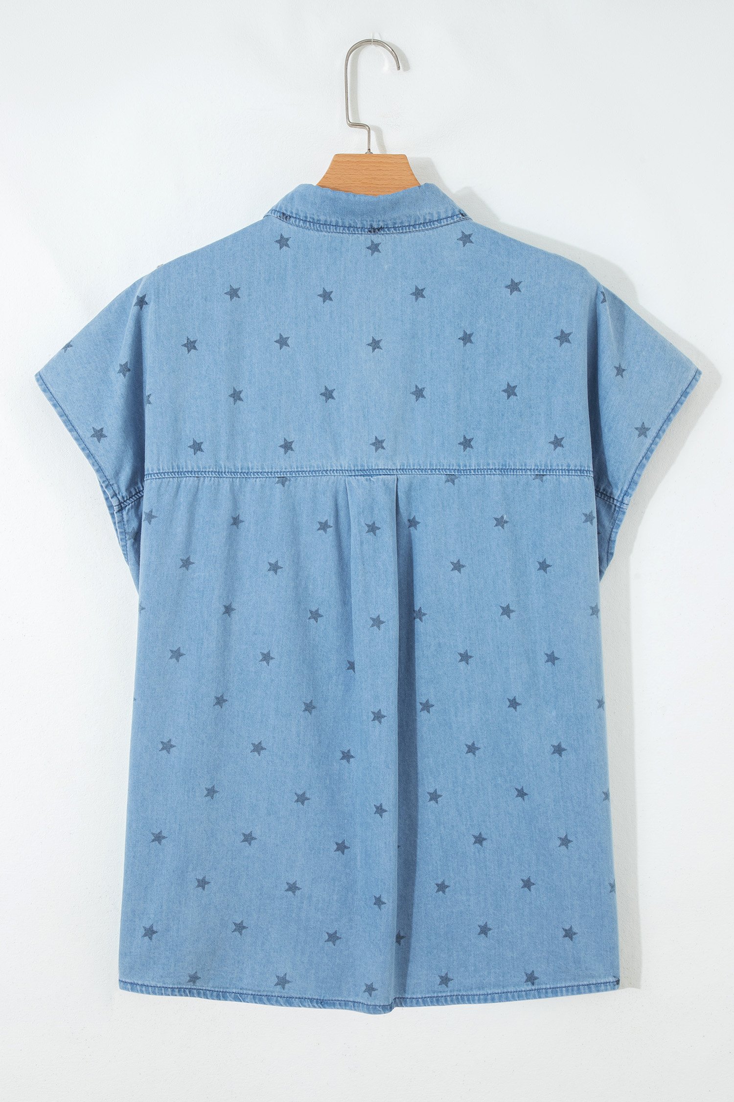 Beau Blue Star Allover Print Double Chest Pocket Short Sleeve Denim Shirt - Image 7