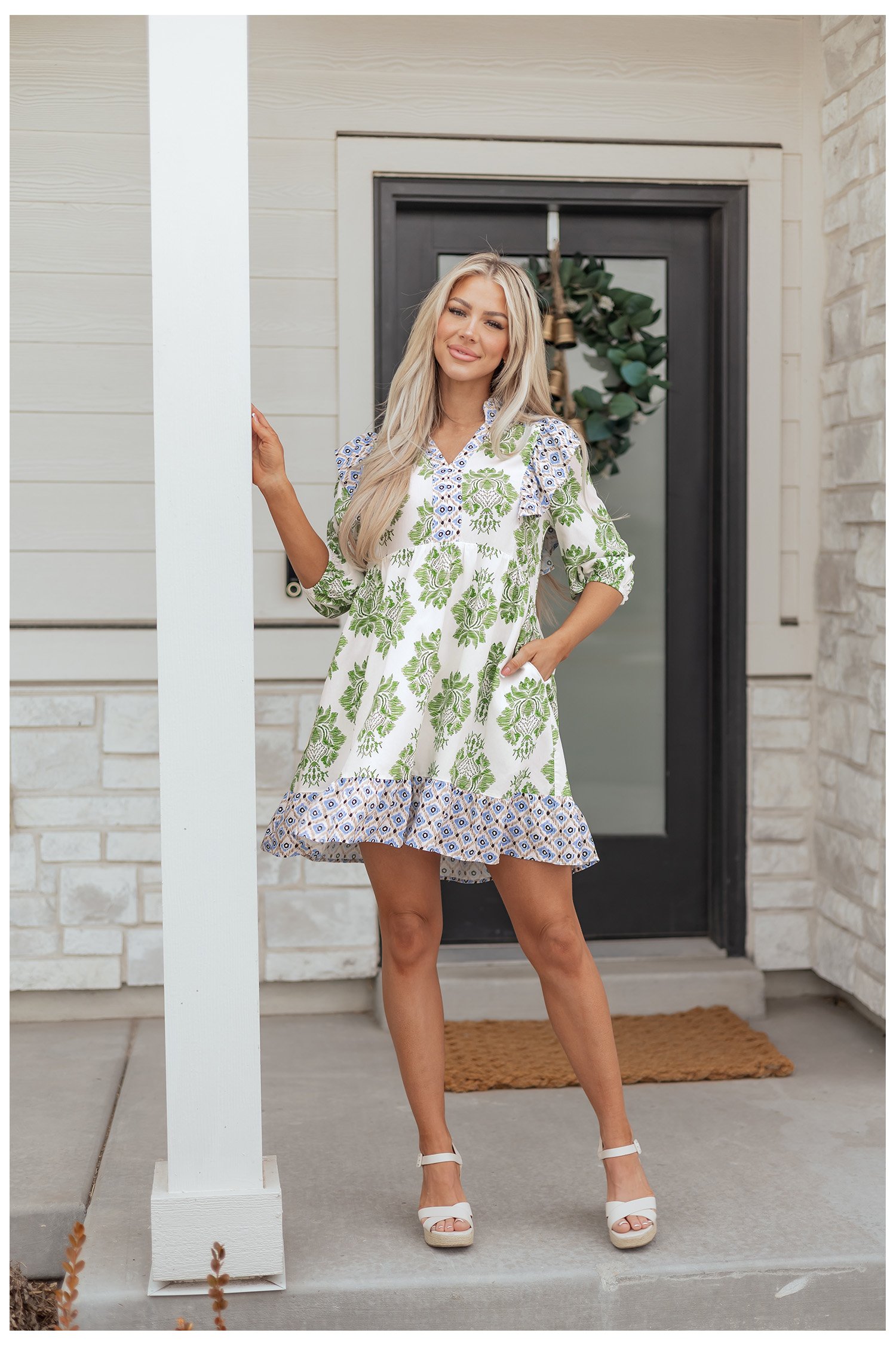 Green Floral Print Contrast Patchwork Ruffle Detail Mini Dress - Image 25
